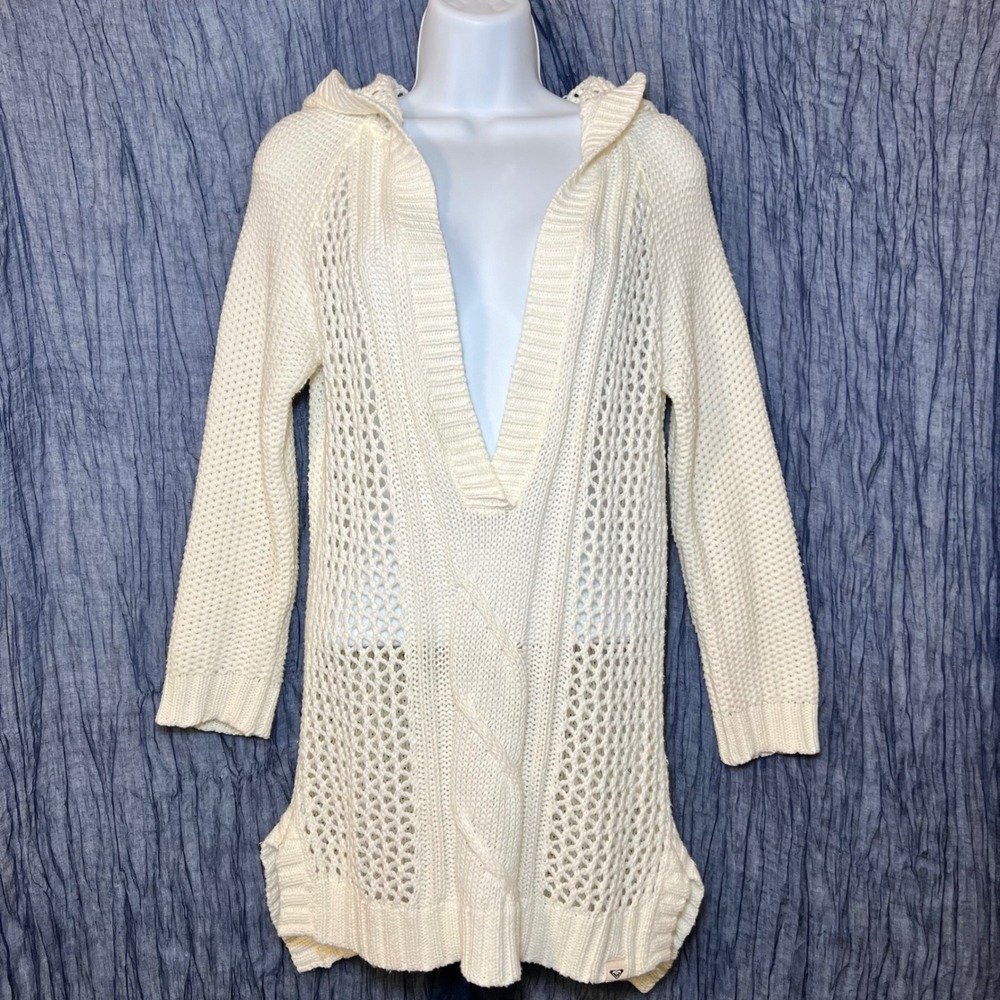 Roxy Cream Open Knit Hoodie Beach Pullover Coastal Surfer Tunic V-Neck Women M